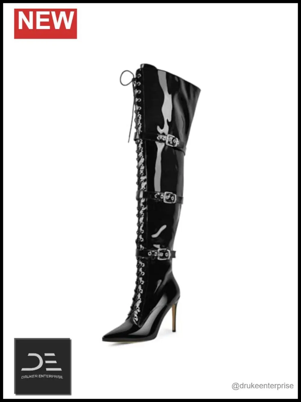 Over-the-Knee Stiletto Boots Pointed Toe Adjustable Lace Metal Buckle
